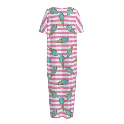 Pink Striped Ice Cream Pattern Print Short Sleeve Long Nightdress