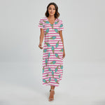 Pink Striped Ice Cream Pattern Print Short Sleeve Maxi Dress