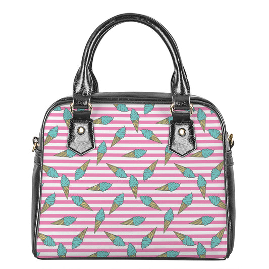 Pink Striped Ice Cream Pattern Print Shoulder Handbag