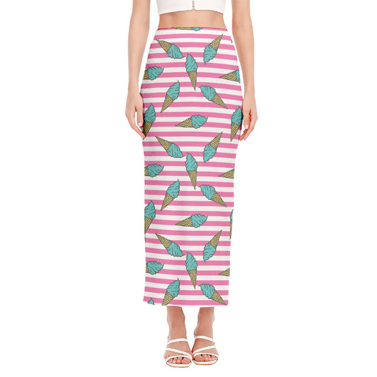 Pink Striped Ice Cream Pattern Print Side Slit Maxi Skirt