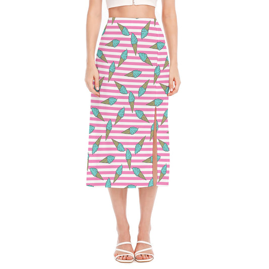 Pink Striped Ice Cream Pattern Print Side Slit Midi Skirt