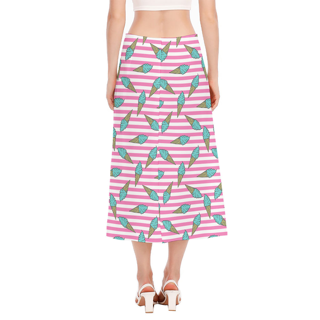 Pink Striped Ice Cream Pattern Print Side Slit Midi Skirt