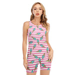 Pink Striped Ice Cream Pattern Print Sleeveless One Piece Swimsuit