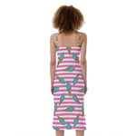 Pink Striped Ice Cream Pattern Print Slim Fit Midi Cami Dress