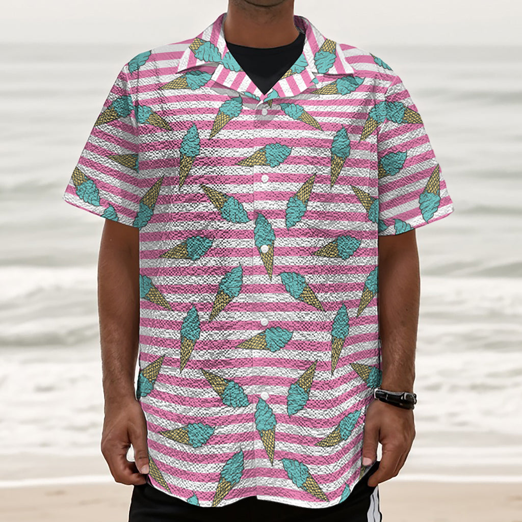 Pink Striped Ice Cream Pattern Print Textured Short Sleeve Shirt