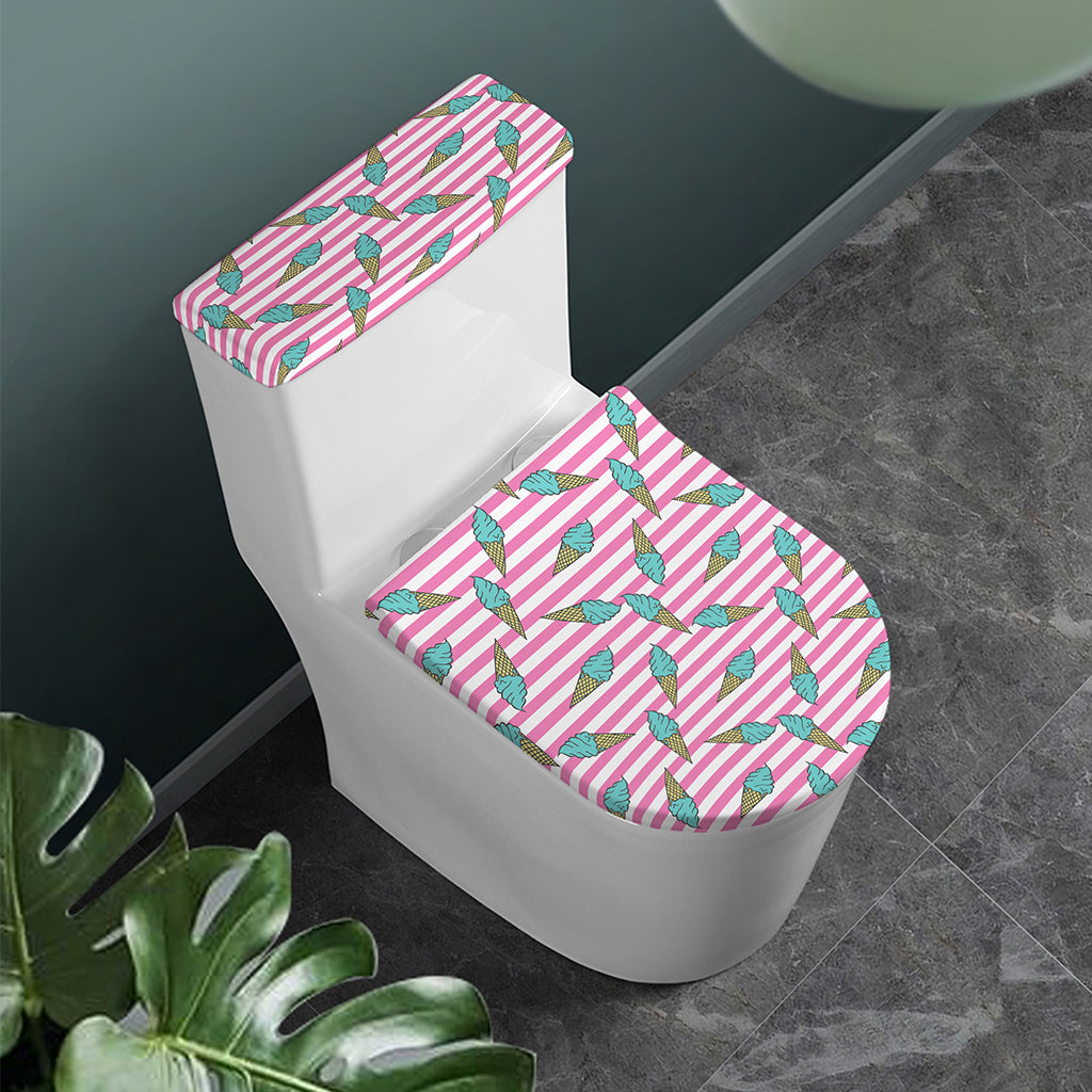 Pink Striped Ice Cream Pattern Print Toilet Lid And Tank Cover Set