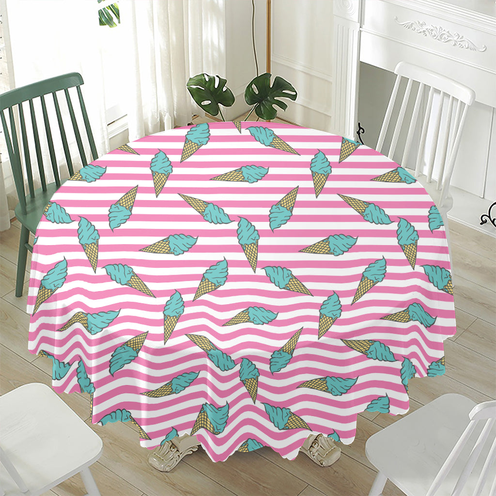 Pink Striped Ice Cream Pattern Print Waterproof Round Tablecloth