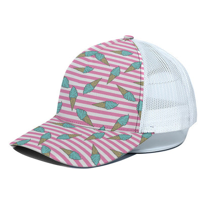 Pink Striped Ice Cream Pattern Print White Mesh Trucker Cap