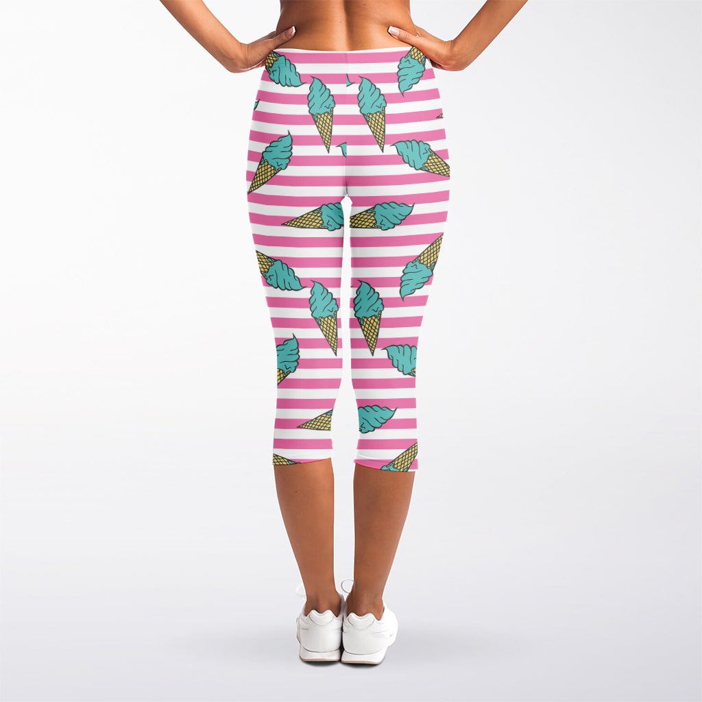 Pink Striped Ice Cream Pattern Print Women's Capri Leggings