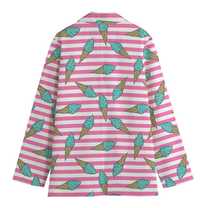 Pink Striped Ice Cream Pattern Print Women's Cotton Blazer
