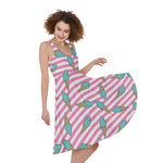 Pink Striped Ice Cream Pattern Print Women's Sleeveless Dress