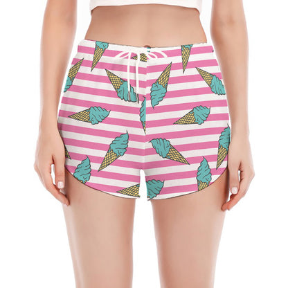 Pink Striped Ice Cream Pattern Print Women's Split Running Shorts