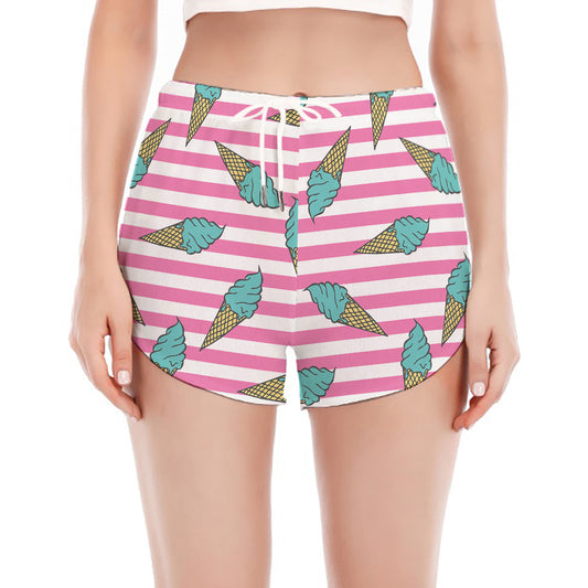Pink Striped Ice Cream Pattern Print Women's Split Running Shorts