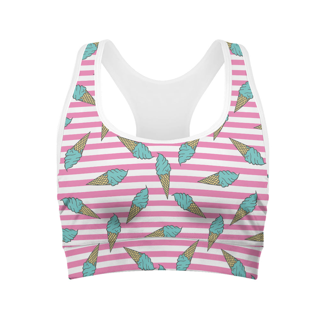 Pink Striped Ice Cream Pattern Print Women's Sports Bra