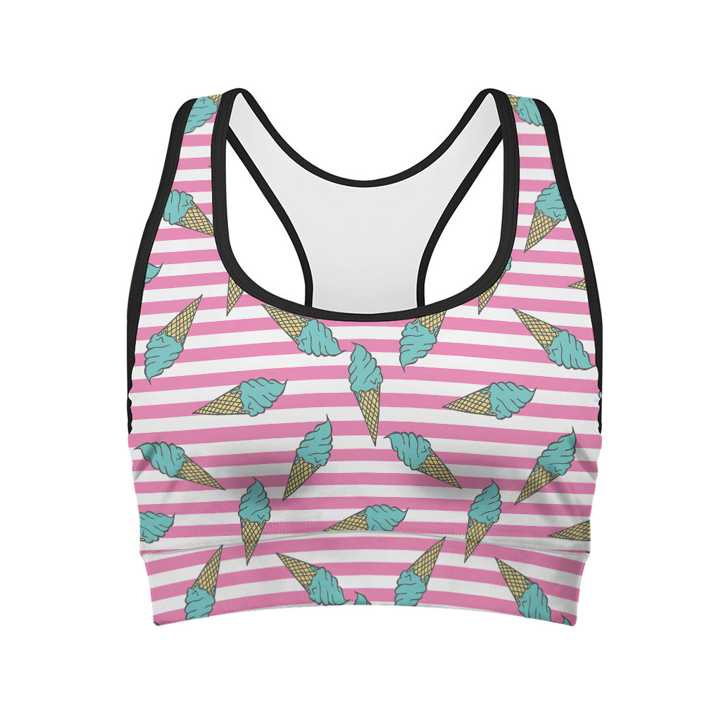 Pink Striped Ice Cream Pattern Print Women's Sports Bra