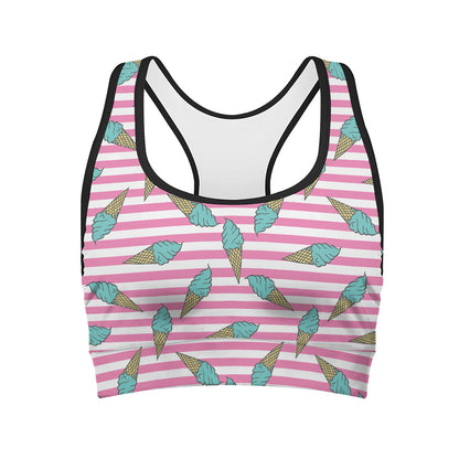Pink Striped Ice Cream Pattern Print Women's Sports Bra
