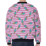 Pink Striped Ice Cream Pattern Print Zip Sleeve Bomber Jacket