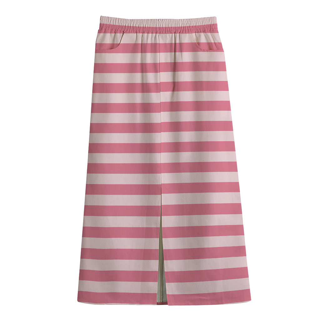 Pink Striped Pattern Print Cotton Front Slit Maxi Skirt