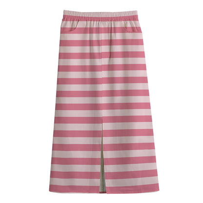Pink Striped Pattern Print Cotton Front Slit Maxi Skirt