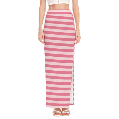 Pink Striped Pattern Print High Slit Maxi Skirt