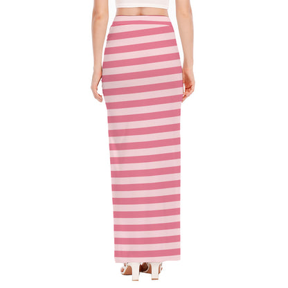 Pink Striped Pattern Print High Slit Maxi Skirt