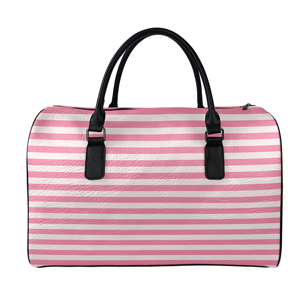 Pink Striped Pattern Print Leather Duffle Bag