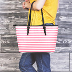 Pink Striped Pattern Print Leather Tote Bag