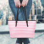 Pink Striped Pattern Print Leather Tote Bag