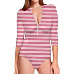 Pink Striped Pattern Print Long Sleeve Swimsuit