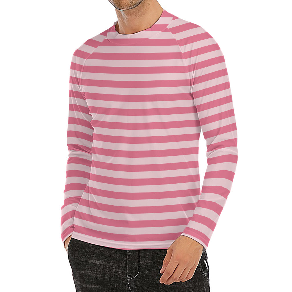 Pink Striped Pattern Print Men's Long Sleeve Rash Guard
