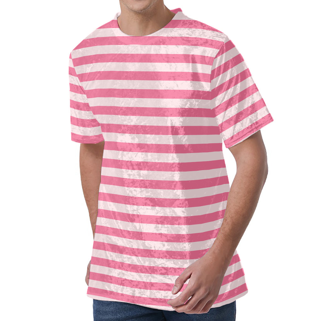 Pink Striped Pattern Print Men's Velvet T-Shirt