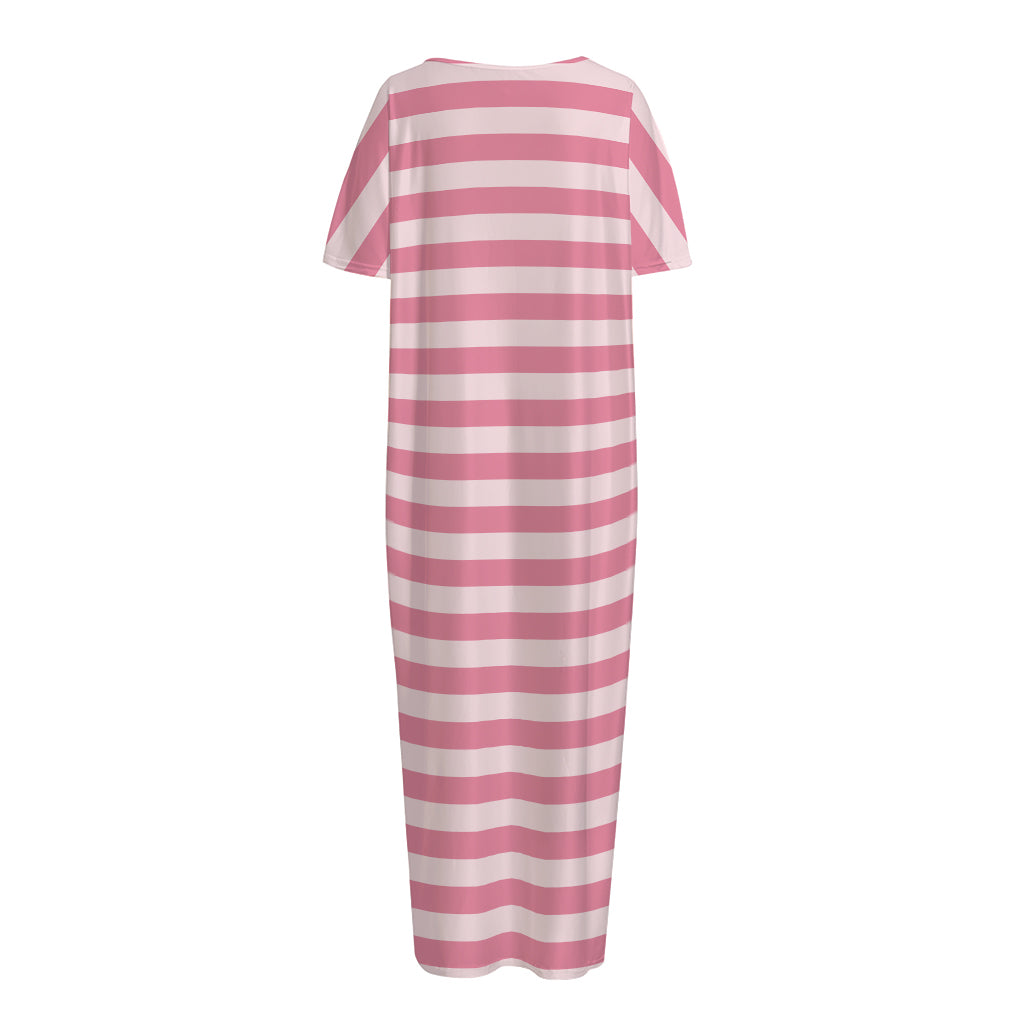 Pink Striped Pattern Print Short Sleeve Long Nightdress