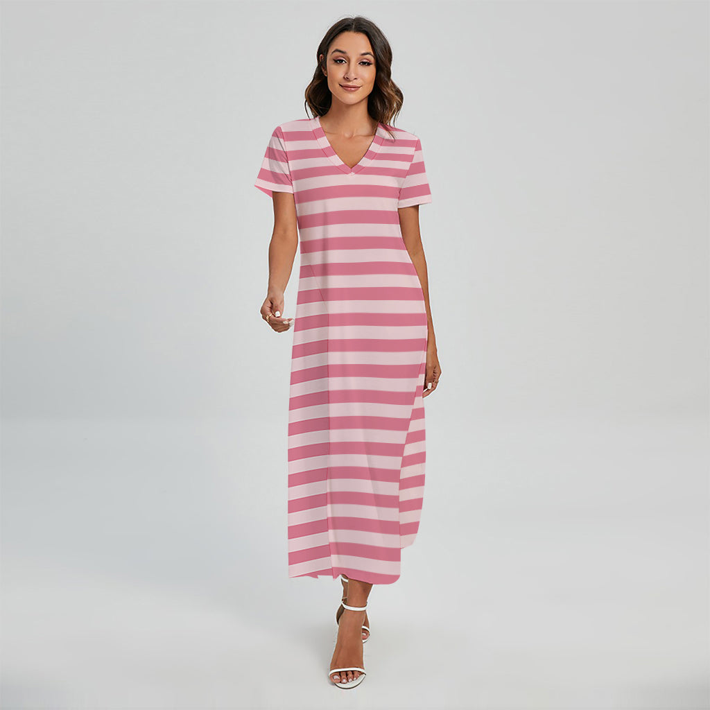Pink Striped Pattern Print Short Sleeve Maxi Dress