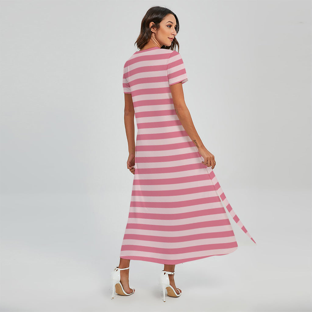 Pink Striped Pattern Print Short Sleeve Maxi Dress