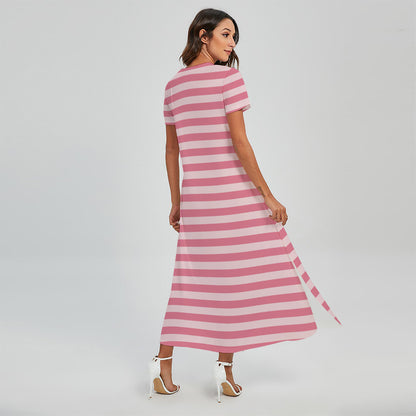 Pink Striped Pattern Print Short Sleeve Maxi Dress