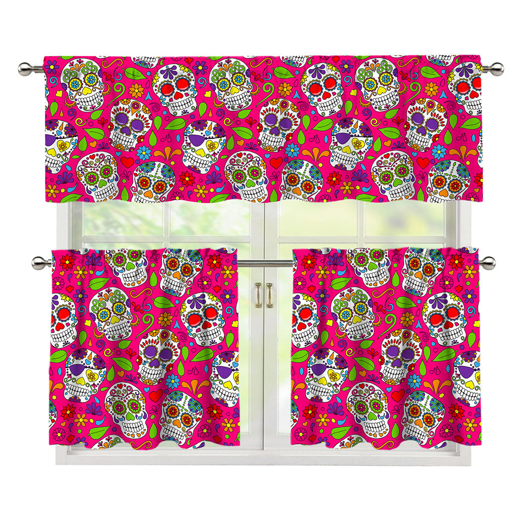 Pink Sugar Skull Pattern Print 3 Piece Kitchen Curtains