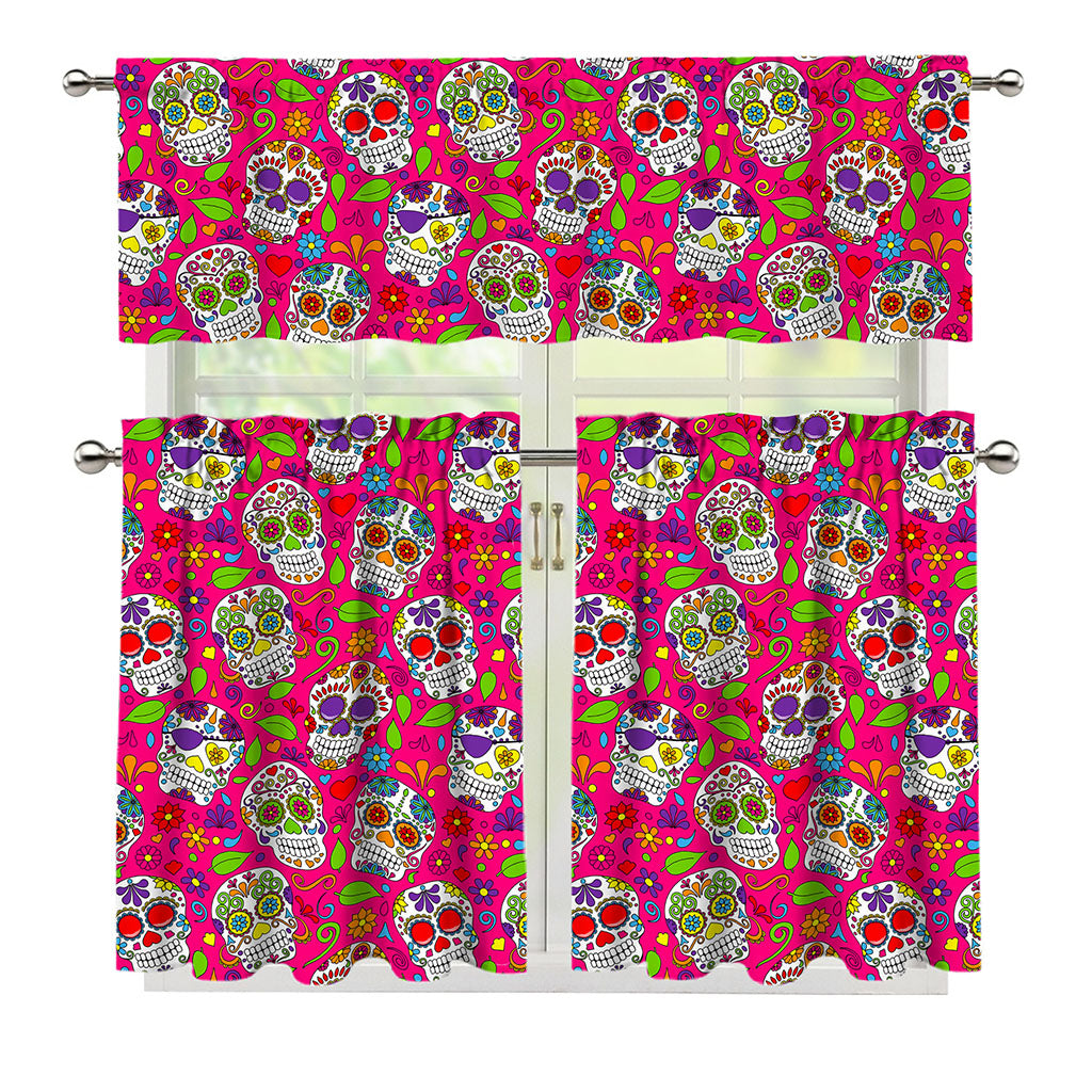 Pink Sugar Skull Pattern Print 3 Piece Kitchen Curtains