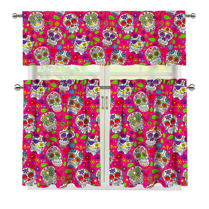 Pink Sugar Skull Pattern Print 3 Piece Kitchen Curtains