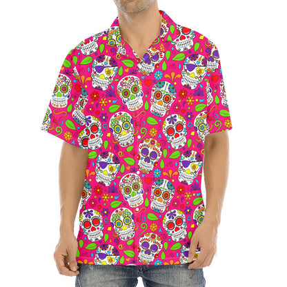 Pink Sugar Skull Pattern Print Aloha Shirt