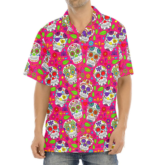 Pink Sugar Skull Pattern Print Aloha Shirt
