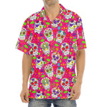 Pink Sugar Skull Pattern Print Aloha Shirt