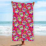 Pink Sugar Skull Pattern Print Beach Towel