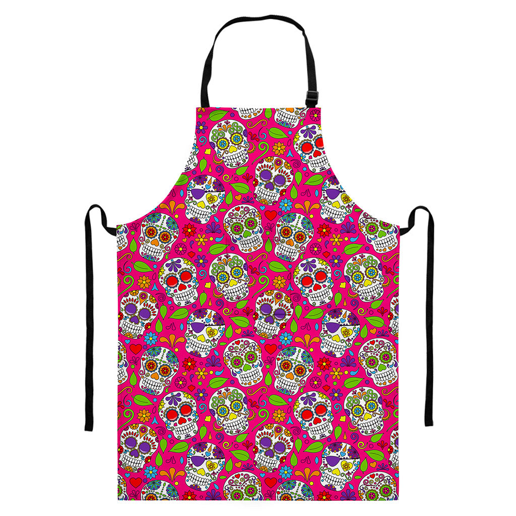 Pink Sugar Skull Pattern Print Bib Apron With Pocket