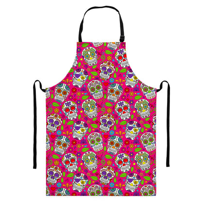 Pink Sugar Skull Pattern Print Bib Apron With Pocket