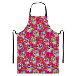 Pink Sugar Skull Pattern Print Bib Apron With Pocket