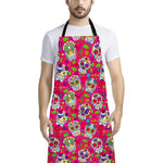 Pink Sugar Skull Pattern Print Bib Apron With Pocket