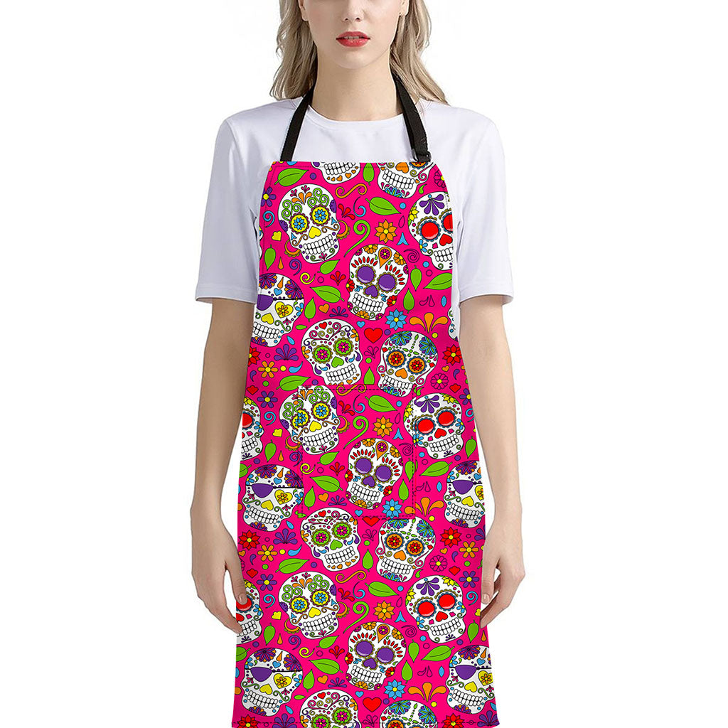Pink Sugar Skull Pattern Print Bib Apron With Pocket