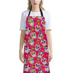 Pink Sugar Skull Pattern Print Bib Apron With Pocket