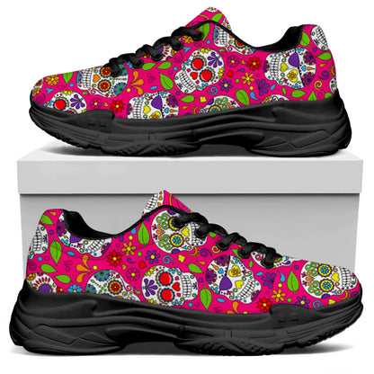 Pink Sugar Skull Pattern Print Black Chunky Shoes