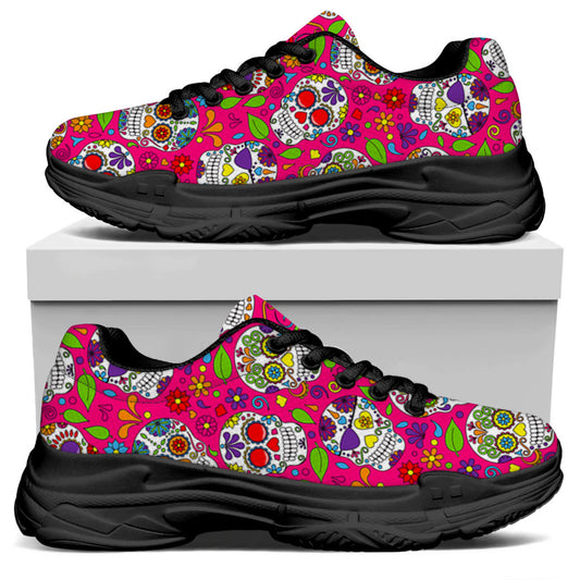 Pink Sugar Skull Pattern Print Black Chunky Shoes
